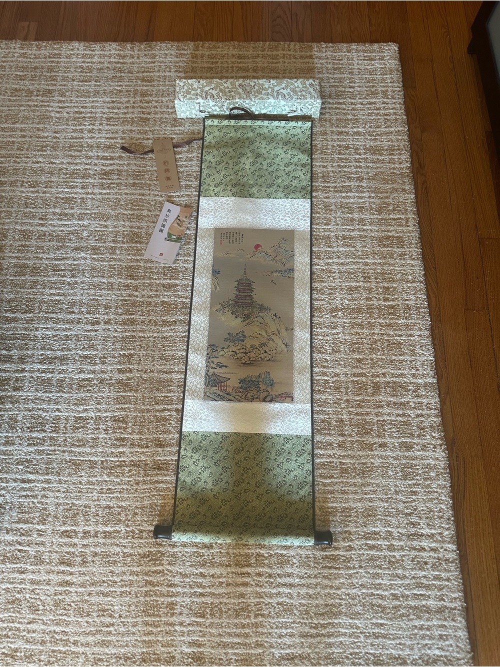 Traditional Green Brocade Silk Scroll Wall Art with Pagoda Landscape.